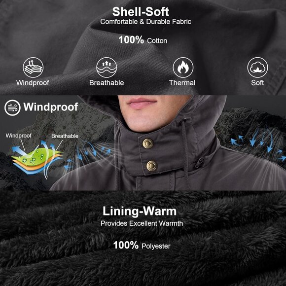 Mens Gray Thick Winter Jacket Hooded Fleece Lined Cotton Military Coat - Picture 3 of 6